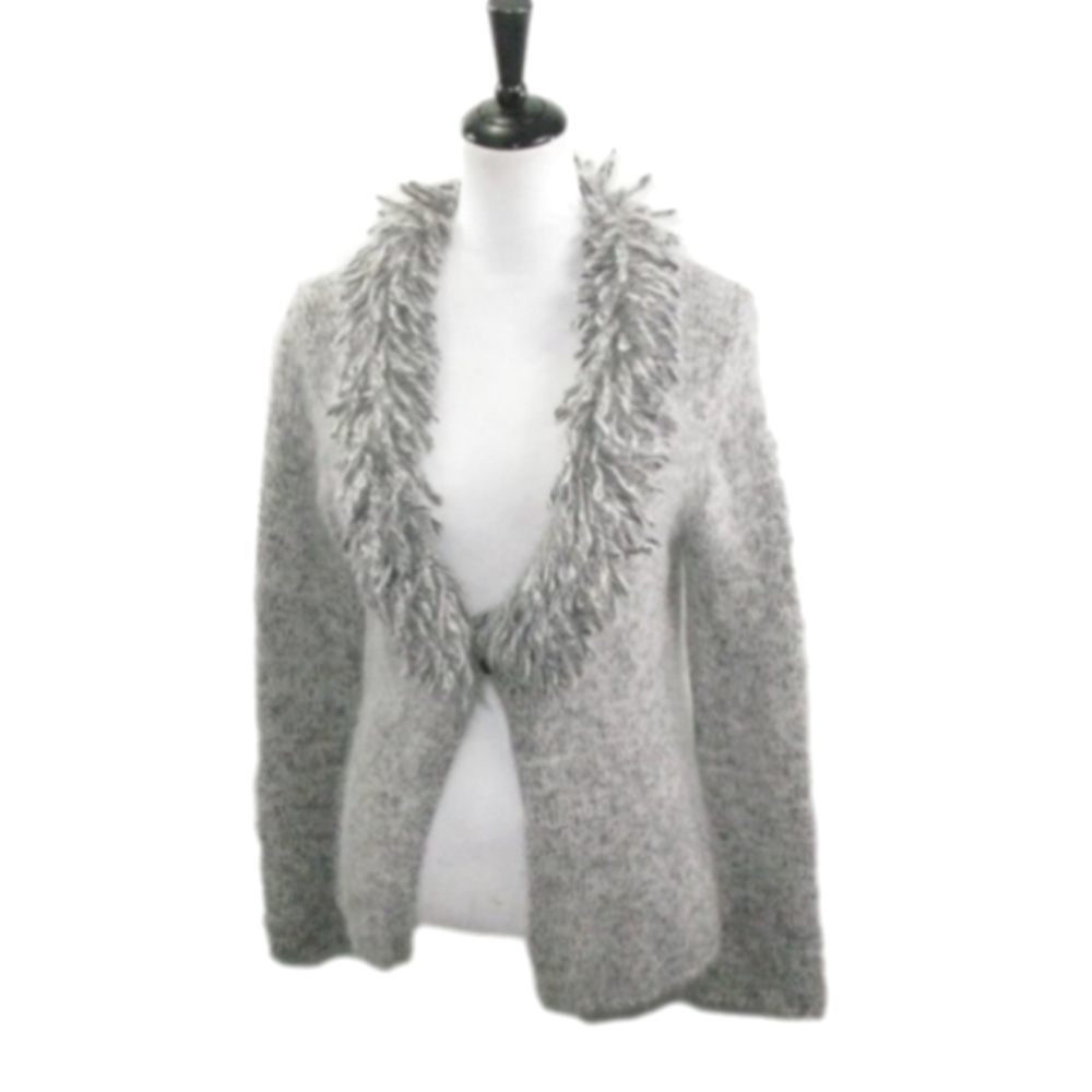 Vintage Gray Angora Fringe Neckline Cardigan Size Small